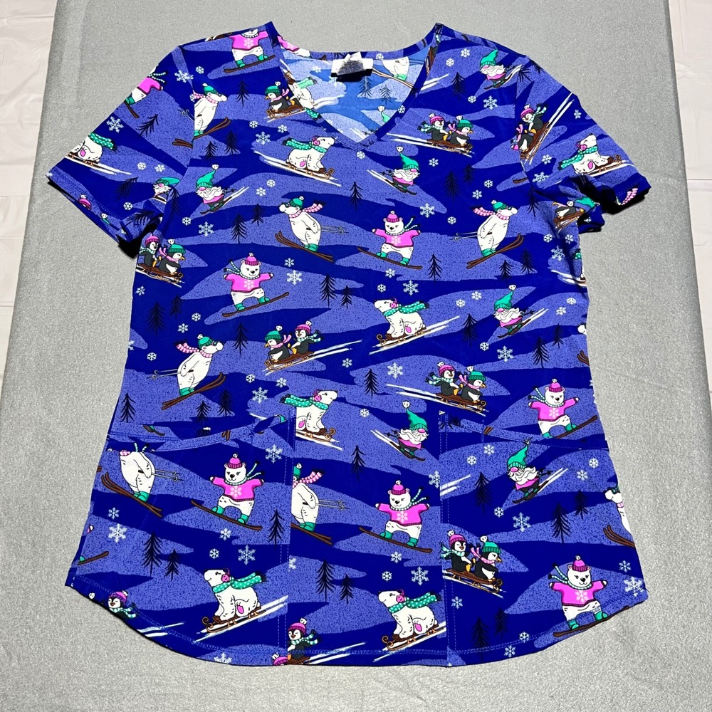Scrubstar Winter Animals V-Neck Scrub Top Purple S WM43T738GD Polar Bear Penguin